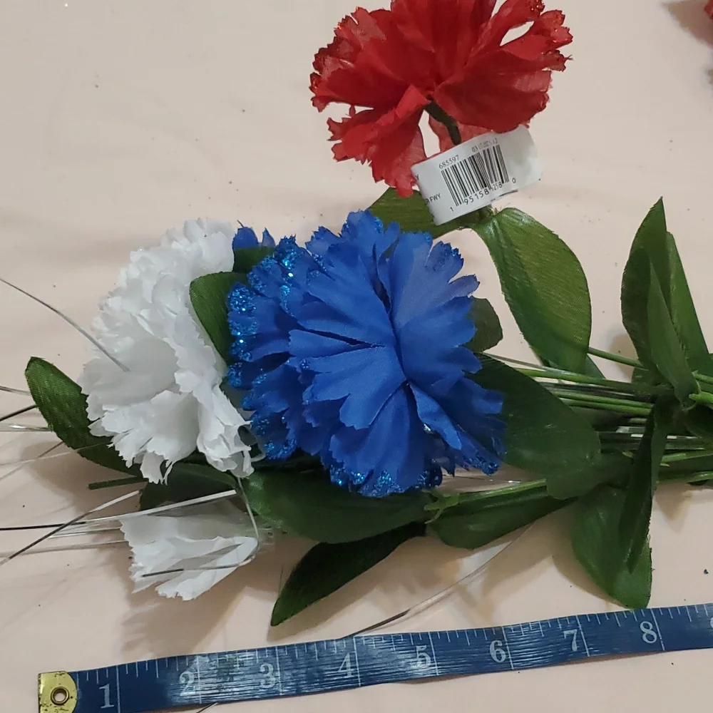 3 Faux Carnations with Silver Decor Bushes